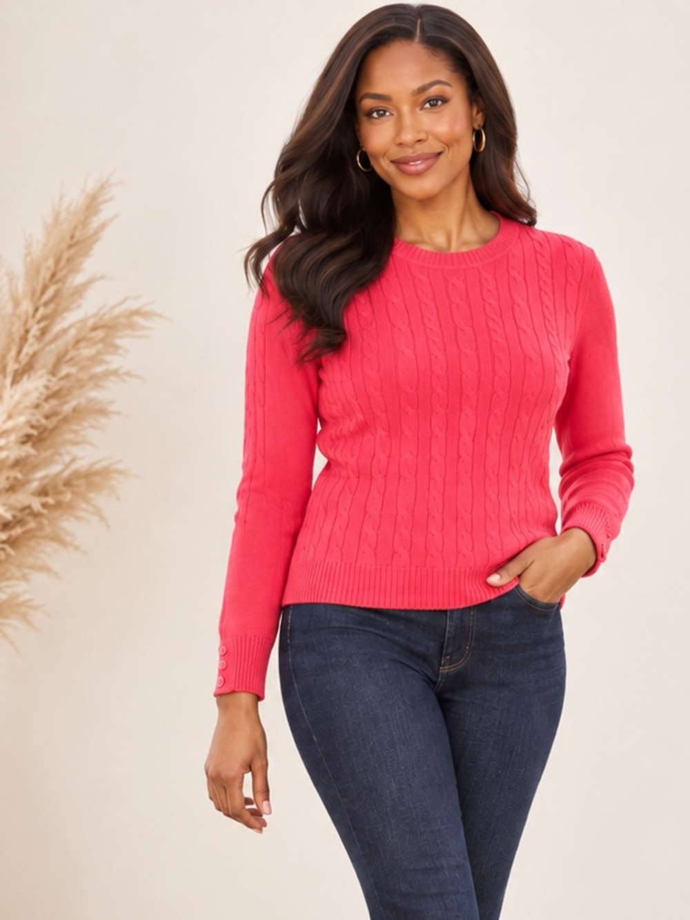 Talbots Coral Cable Knit Crewneck Sweater